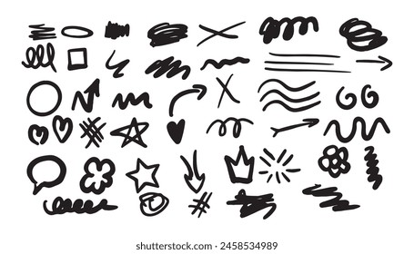 Hand drawn marker pen strokes doodle design elements, black on white isolated background. Black scribble doodle underline line shape set. Editable stroke
