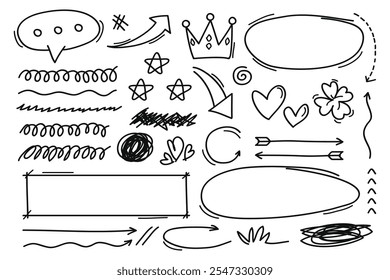 Hand drawn marker pen strokes doodle design elements, black on white isolated background.Vector illustration