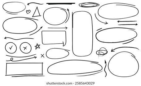 Hand drawn marker pen strokes doodle design elements, black on white isolated background.Vector illustration.