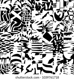 Hand drawn marker scribble based patchwork pattern, in black and white