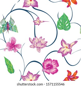 Hand drawn marker seamless composition consisting of purple flowers hibiscus lily lotus leaves and green butterflies. Repeating miscellaneous vector pattern wallpaper white background with blue curls.