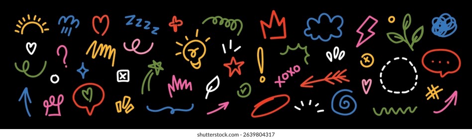 Hand drawn marker set. Colorful line, brush, arrow, scribble, stroke. Heart, crown, star. Vector shape icons. Simple sketch for highlight, note, text.	