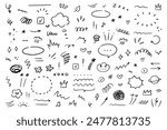 Hand drawn marker simple elements set. Grunge doodle underlines, icons, emphasis, speech bubbles, arrows and shapes. Vector illustration isolated on white background.