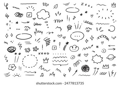 Hand drawn marker simple elements set. Grunge doodle underlines, icons, emphasis, speech bubbles, arrows and shapes. Vector illustration isolated on white background.