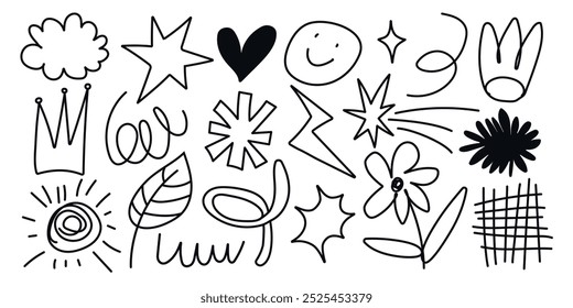 Conjunto de Elementos simples de marcador dibujado a mano. Sol, corona, flores, estrellas, corazón y Elementos decorativos. Ilustración vectorial aislada sobre fondo blanco.