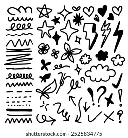 Hand drawn marker simple elements set. Doodle pen signs and effects. Simple thunderbolt, star, glitter, icons, heart, floral objects. Decorative pencil curved symbols and shape. 