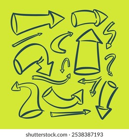 Hand drawn marker simple elements set. Grunge doodle arrows and shapes. Vector illustration isolated on green background.