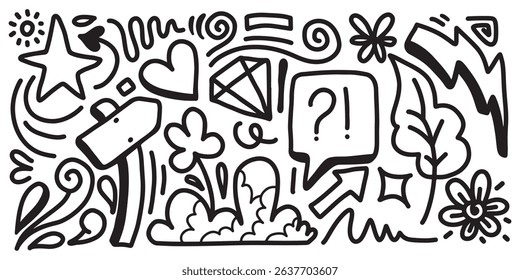 Hand drawn marker simple elements set. Doodle pen signs and effects. Simple thunderbolt, star, glitter, icons, heart, floral objects. Decorative pencil curved symbols and shape.