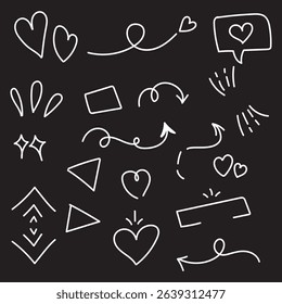 Hand drawn marker simple elements set. Grunge doodle underlines, icons, emphasis, speech bubbles, arrows and shapes. Vector illustration isolated on white background.