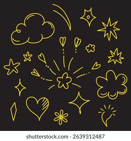 Hand drawn marker simple elements set. Grunge doodle underlines, icons, emphasis, speech bubbles, arrows and shapes. Vector illustration isolated on white background.
