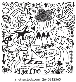 Hand drawn marker simple elements set. Doodle pen signs and effects. Simple hills, star, glitter, cloud, heart, floral objects. Decorative pencil curved symbols and shape.
