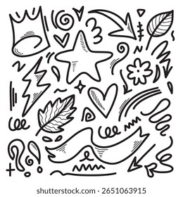 Hand drawn marker simple elements set. Doodle pen signs and effects. Simple thunderbolt, star, glitter, icons, heart, floral objects. Decorative pencil curved symbols and shape.