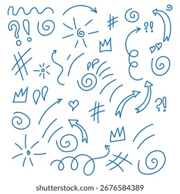 Hand drawn marker simple elements set. Grunge doodle underlines, icons, emphasis, speech bubbles, arrows and shapes. Vector illustration isolated on white background.