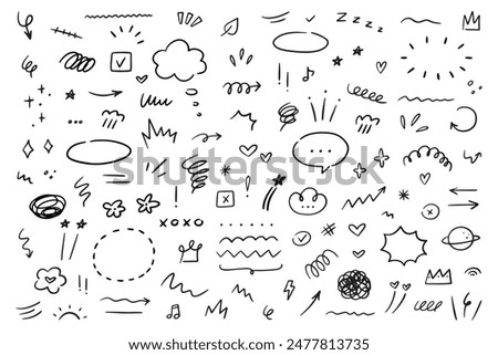 Hand drawn marker simple elements set. Grunge doodle underlines, icons, emphasis, speech bubbles, arrows and shapes. Vector illustration isolated on white background.