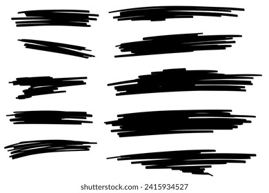 Hand drawn marker streak line stroke set. Highlight underline and strike through collection. Pen line template. Vector illustration isolated on white background.