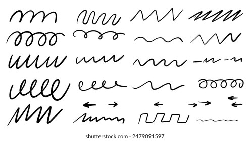 Hand drawn marker strikethrough and underline strokes set. Different scribble lines and brush strokes