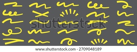 Hand drawn marker strokes set. Yellow paint brush lines, underlines and squiggles. Creative highlighter collection for graphic design. Ink doodle and scribble elements vector. Dark Background. EPS 10.