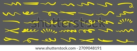 Hand drawn marker strokes set. Yellow paint brush lines, underlines and squiggles. Creative highlighter collection for graphic design. Ink doodle and scribble elements vector. Dark Background. EPS 10.