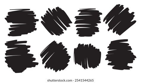 Handgezeichnete Markierstriche und Flecken, Vektorsatz. Schwarze Farbe blob Pinsel Grunge Banner Form, Tinte Pinsel Striche, schmutzige künstlerische Rahmen. Street Art Textur Kritzellinien, verrückte Luke, oval, Tintenklecks 