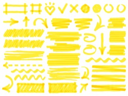 Hand Drawn Marker Strokes. Yellow Marker Stroke Lines, Markers Stripes And Highlight Elements, Permanent Marker Signs Vector Illustration Set As Check Marks, Heart, Arrow With Various Direction