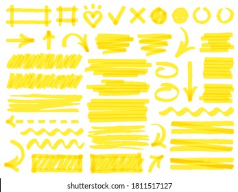 Hand drawn marker strokes. Yellow marker stroke lines, markers stripes and highlight elements, permanent marker signs vector illustration set as check marks, heart, arrow with various direction