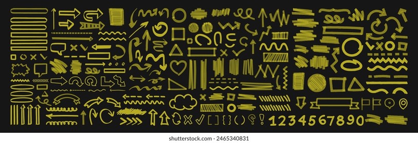 Hand drawn marker strokes. Yellow marker stroke lines, markers stripes and highlight elements, permanent marker signs