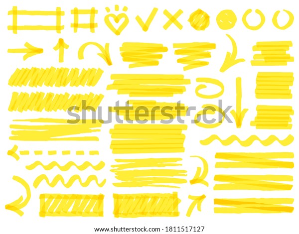 Hand drawn marker strokes. Yellow marker stroke
lines, markers stripes and highlight elements, permanent marker
signs vector illustration set as check marks, heart, arrow with
various direction