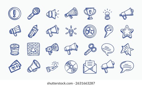Hand drawn marketing and digital icons a diverse collection of vector illustrations perfect for websites social media presentations and marketing materials