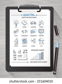 Hand drawn marketing icons and concepts on a sheet with clipboard and pen
