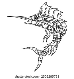 Dibujado a mano de marlin pez en estilo zentangle