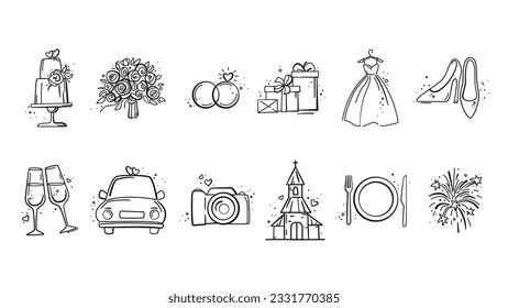 Hand Drawn Marriage Icons Set. Wedding, bride, love, celebration. Timeline menu on wedding theme. Vector wedding  illustrations for invitations, greeting cards, posters