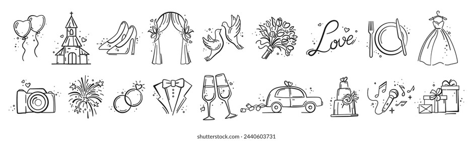 Hand Drawn Marriage Icons Set. Wedding elements collection. Wedding, bride, love, celebration. Timeline menu on wedding theme. Vector wedding  illustrations for invitations, greeting cards, posters