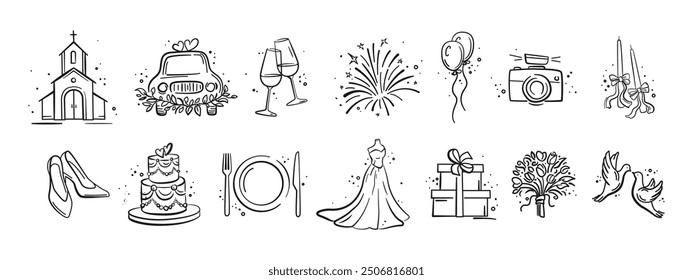 Hand Drawn Marriage Icons Set. Wedding elements collection. Wedding, bride, love, celebration. Timeline menu on wedding theme. Vector wedding illustrations for invitations, greeting cards, posters