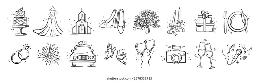 Hand Drawn Marriage Icons Set. Wedding elements collection. Wedding, bride, love, celebration. Timeline menu on wedding theme. Vector wedding  illustrations for invitations, greeting cards, posters