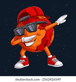 Hand drawn Mars planet character wearing red cap, sunglasses doing dab dance, dabbing Mars gesture