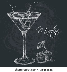 Hand drawn martini cocktail in glass with cherry. Vector illustration