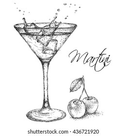 Hand Drawn Martini Cocktail In Glass With Cherry. Vector Illustration