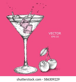 Hand drawn martini cocktail in glass with cherry. Vector illustration