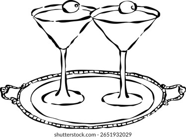Hand drawn martini glasses. Drink illustration for invitations, stationery, or branding. Toast and celebration icon. Tablescape doodle.