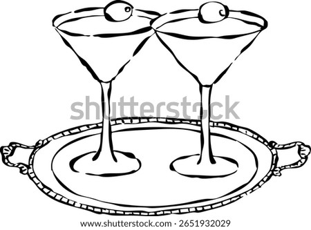 Hand drawn martini glasses. Drink illustration for invitations, stationery, or branding. Toast and celebration icon. Tablescape doodle.