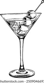 Handgezeichneter Martini mit Oliven Cocktail Drink Skizze Illustration Gravur Holzschnitt Stil