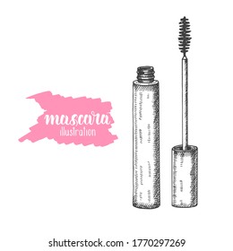 Hand drawn mascara in sketch style. Doodle engraving cosmetics. Vector makeup illustration with hand made lettering