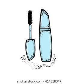 Hand drawn mascara for women. Fashion and beauty trend.  Sketch illustration. Cosmetics. Vector isolated objects.
