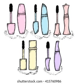 Hand drawn mascara for women. Fashion and beauty trend. Sketch illustration. Cosmetics. Vector isolated objects.