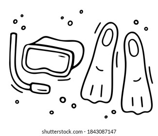 Máscara dibujada a mano y aletas en estilo doodle. Máscara y tubo para nadar en la piscina. Equipamiento de verano para nadar en el océano, el mar. Ilustración de esbozo del vector. Líneas negras aisladas sobre fondo blanco.