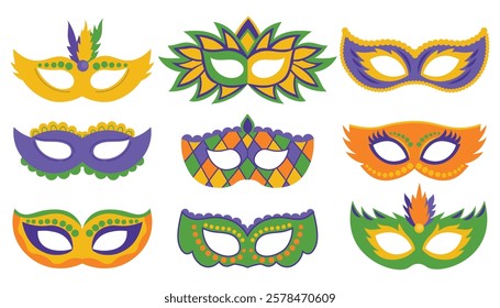 Hand drawn masks for Mardi Gras carnival. Collection of flat style fat Tuesday masks with feathers in purple, gold, yellow, green colors.