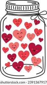 Frasco de albañil dibujado a mano con los bonitos corazones kawaii adentro. Ilustración vectorial del doodle para el Día de San Valentín	