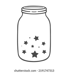 Hand drawn mason jar with stars. Cosmic glass container. Empty kitchen pot with lid. Contour sketch. Vector illustration isolated on white background