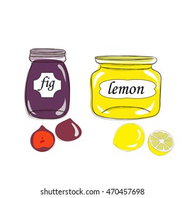 Hand drawn masons. Natural organic homemade fig and lemon jelly. Cute cartoon style labels. Vector sketch yummy illustration, isolated on white background, for cards, kitchen decor and shop banners 