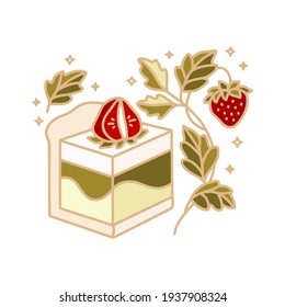 Handgezeichnete matcha-grüne Teekuchen, Gebäck, Bäckerei und Café-Logo-Elemente mit Blumenblatt und Erdbeerobst einzeln auf weißem Hintergrund